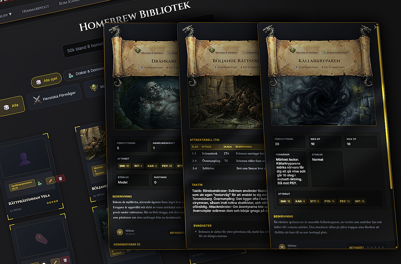 Digitalt verktyg för homebrew till Drakar och Demoner som visar monsterkort med stats och attacktabeller i ett sökbart bibliotek.